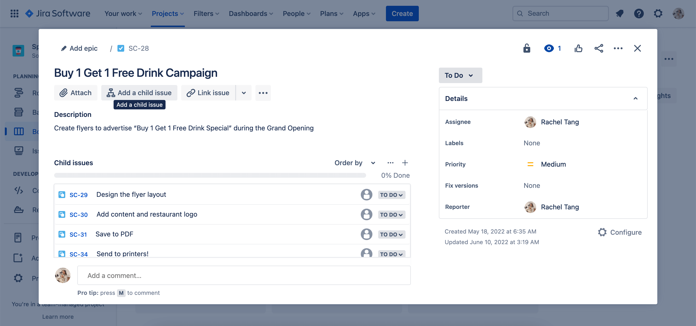 Jira 中的父工作项和子工作项
